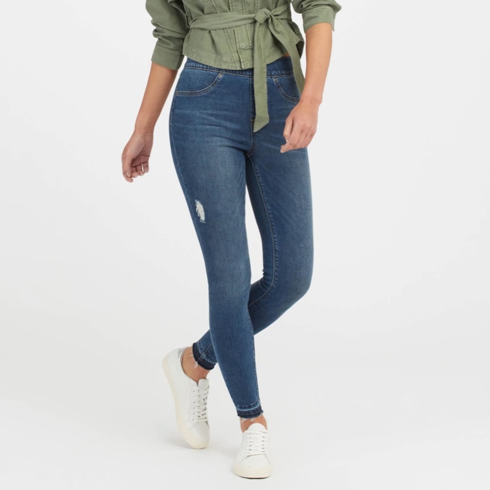 Spanx Distressed Ankle Skinny Jeans, medium wash size small